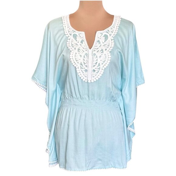 NWOT Chaudry KC Beach Cover-Up Sz. L Blue Butterfly Sleeve Embroidered Boho - Picture 12 of 13